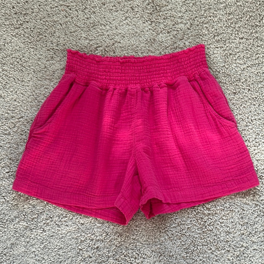 Three Dots Pink High Waist Textured Lounge Shorts